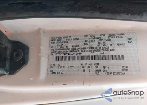 2007 Ford E-250 Commercial/Recreational from USA, damaged, VIN 1FTNE24W47DA49089